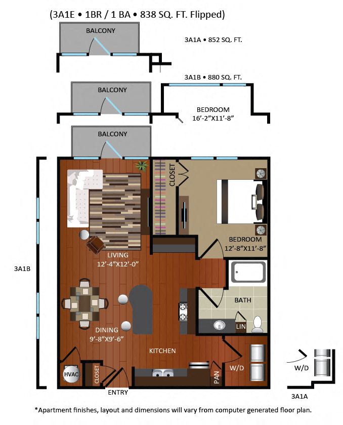 Floor plan for 1 bed, 1 bath, 840 sqft